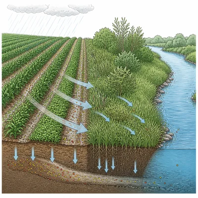 Cover crops and a vegetated buffer strip reduce nutrient runoff from a farm into a stream.