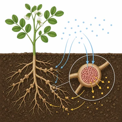 Legume roots with nodules containing bacteria, showing atmospheric nitrogen entering soil nutrients.