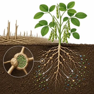 Soybean plants with root nodules adding nutrients to the soil.