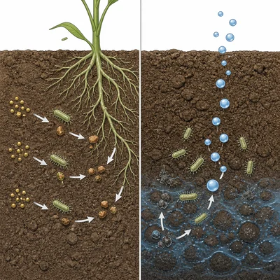 Side-by-side soil bacteria processes showing nitrogen changing in soil and returning to air.