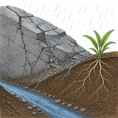 Rain weathers rock, releasing mineral particles into soil and water for plant uptake.