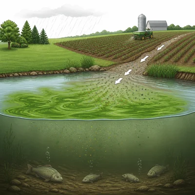 Runoff from lawns and farms carries nutrients into a lake, causing an algal bloom and stressed fish.
