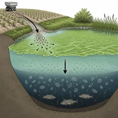 Fertilizer runoff leads to pond algae growth, decomposers, and oxygen-poor water for fish.
