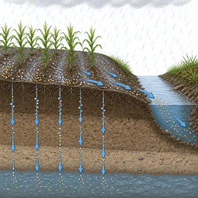 Heavy rain moves fertilizer nutrients from a field into runoff, groundwater, and a nearby stream.