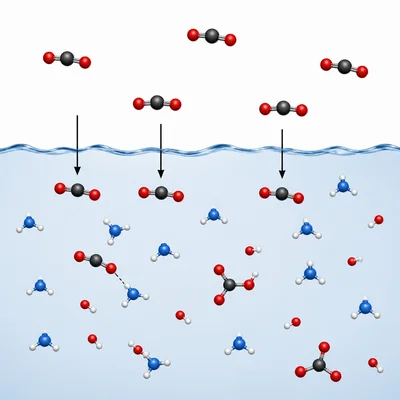 Carbon dioxide molecules move from the air into seawater and form acid-related particles.