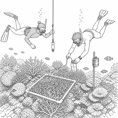 Divers monitor a coral reef using sensors, sample bottles, and a quadrat frame.