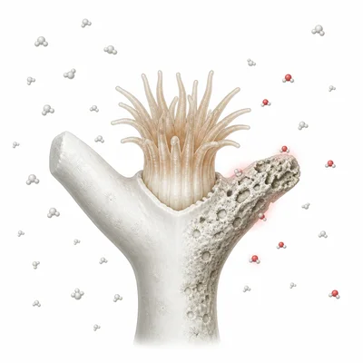 A coral skeleton is shown becoming thinner and pitted as carbonate particles become less available.