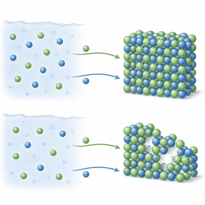 Dissolved ions combine to form a crystal lattice, but the lattice is incomplete when one ion type is scarce.