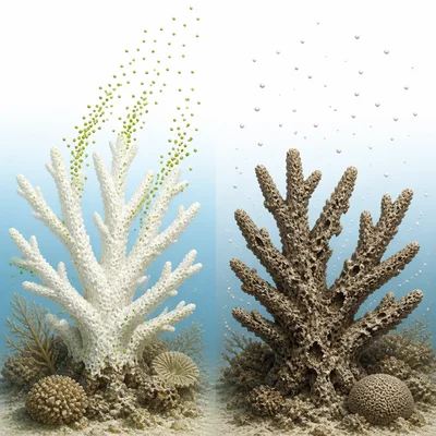 One coral is bleached and pale, while another has an eroded skeleton from acidification.