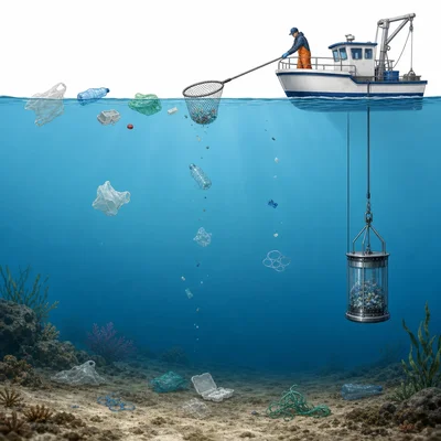 Ocean cross-section showing some plastics floating at the surface and others sinking to the seafloor.