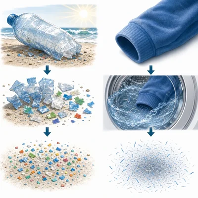 Diagram showing a plastic bottle breaking into tiny pieces and synthetic fabric releasing small plastic fibers.