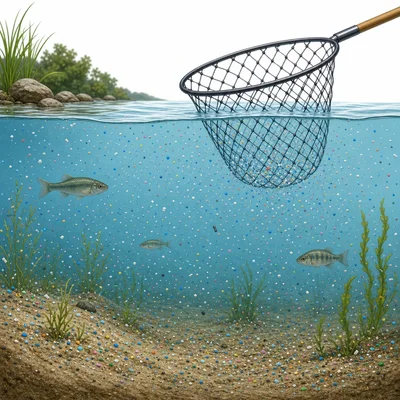 Tiny microplastic particles are scattered through water and sediment, passing through a cleanup net.