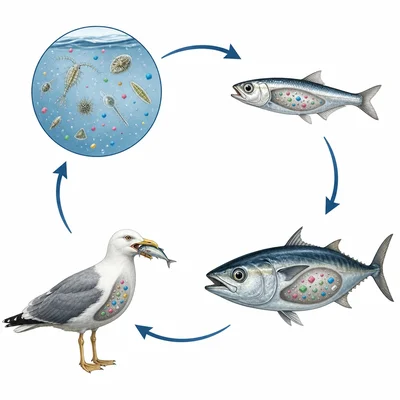 Food chain showing plankton, small fish, larger fish, and seabird with microplastic particles moving upward.