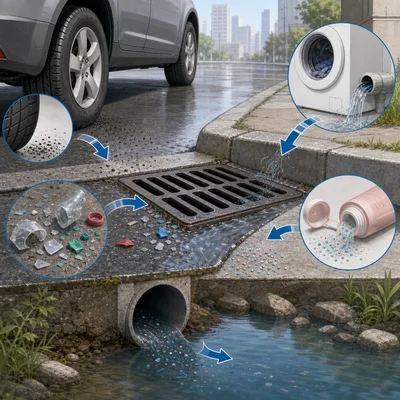 City scene showing tire dust, laundry fibers, broken litter, and small plastic particles moving toward a storm drain.