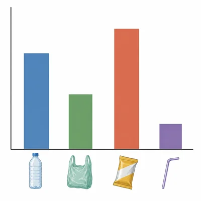Bar graph with icons showing food wrappers as the most collected item and straws as the least.