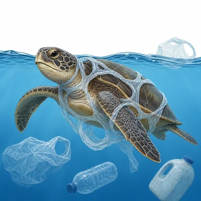 Sea turtle tangled in large plastic debris floating in ocean water.
