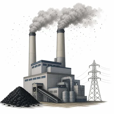 Factory smokestacks release smoke and particles from burning coal.