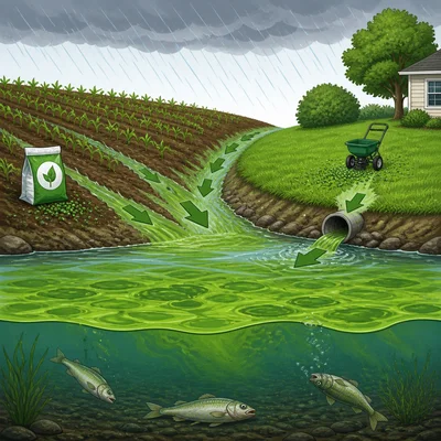 Rain carries fertilizer runoff into a river, causing algae growth and harming fish.