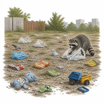 Trash dumped in an empty lot creates land pollution and risks for wildlife.