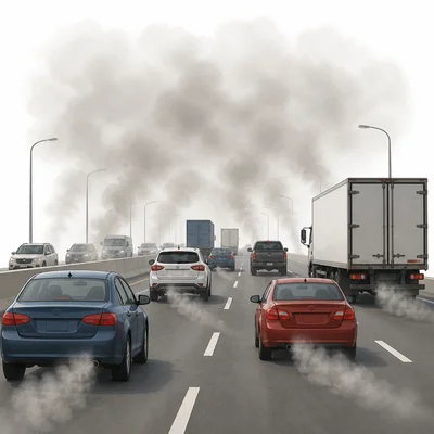 Cars and trucks on a highway release exhaust into the air.