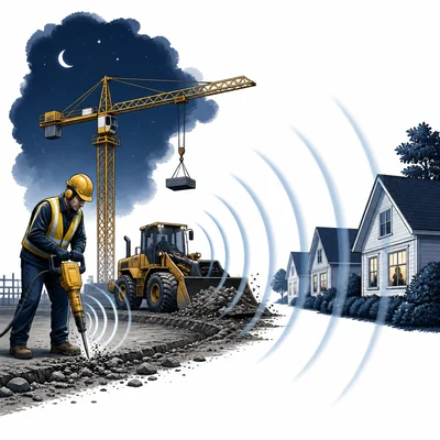 Loud construction machines at night send sound waves toward nearby homes.