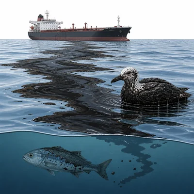 A tanker oil spill spreads across ocean water and coats a seabird.