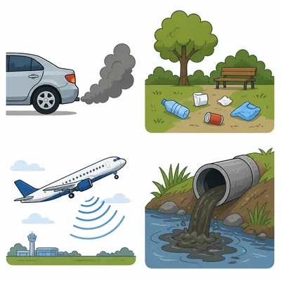 Four pollution sources: vehicle exhaust, park litter, airplane noise, and sewage entering a stream.