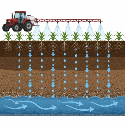 Pesticides from a farm soak through soil and reach groundwater.