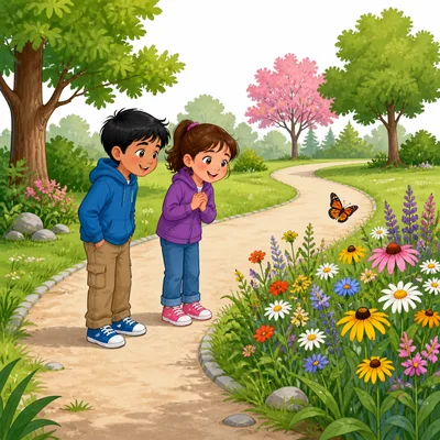 Children look at wildflowers from a park path without touching them.