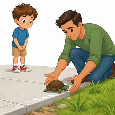 A child and adult safely help a small turtle cross a sidewalk.