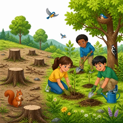 People plant new trees near tree stumps while animals use the trees for homes.