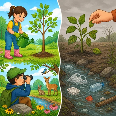 Helpful and harmful nature actions are shown in two groups.