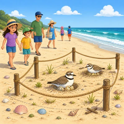A rope keeps beach visitors away from birds nesting in the sand.