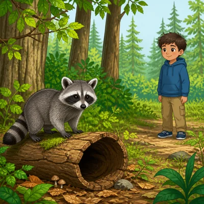 A child watches a wild raccoon from a distance in its forest habitat.