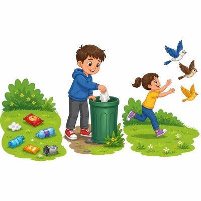 Three actions are shown: litter on the ground, putting trash in a bin, and chasing birds.