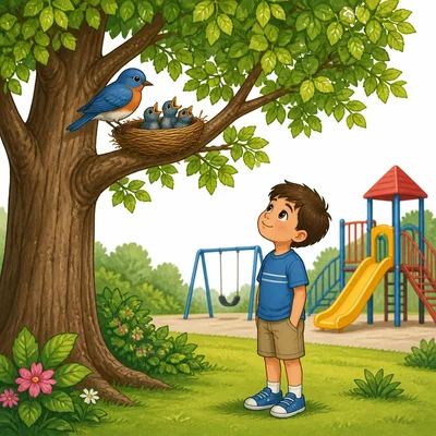 A child leaves a bird nest alone in a tree near a playground.