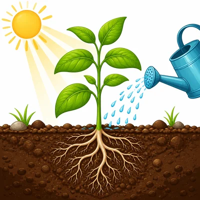 A healthy plant receives sunlight and water while growing in soil.