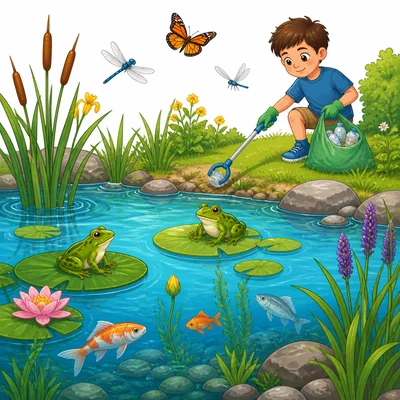 A clean pond habitat has frogs, fish, insects, plants, and a child picking up litter.