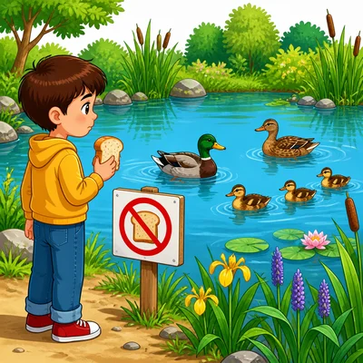 A child pauses before feeding bread to ducks near a no-feeding symbol.