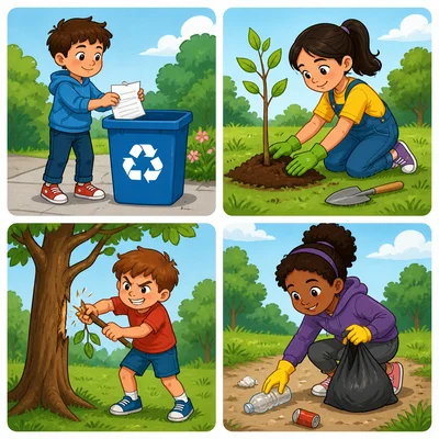 Four actions are shown: recycling paper, planting a tree, breaking a branch, and picking up litter.