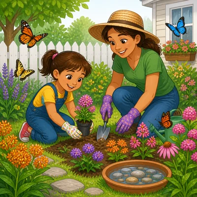A family plants flowers in a yard to help butterflies.