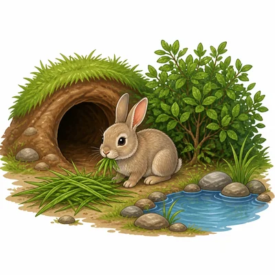 A rabbit habitat shows shelter, food, water, and plants.