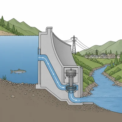 Cross-section of a hydropower dam with reservoir, turbine, downstream river, fish, and nearby settlement.