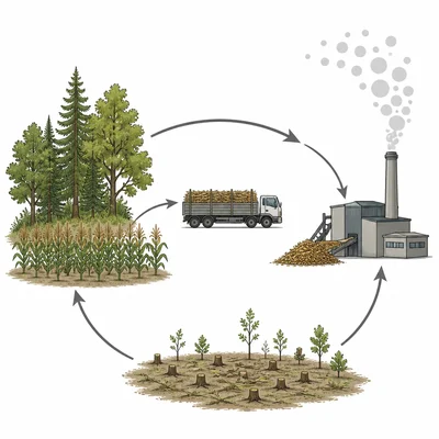 Biomass from plants being burned for energy with emissions and regrowth shown as a cycle.