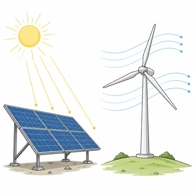 Solar panels receiving sunlight beside a wind turbine with airflow lines.