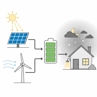 Solar and wind energy charging a battery that later powers a house.