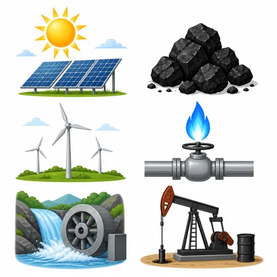 Six energy sources shown as solar panels, coal, wind turbines, natural gas, hydropower, and oil.