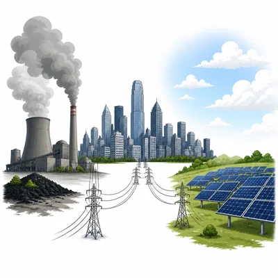 City connected to a coal plant and solar panels under a partly cloudy sky.