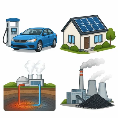 Gasoline car, solar home, geothermal plant, and coal power plant.