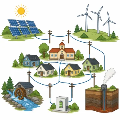 Community connected to solar, wind, hydro, geothermal energy, and battery storage.